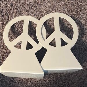 White Metal Peace Sign Bookends